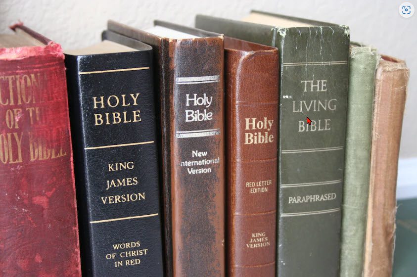 Image of several versions of the Bible standing on a bookshelf