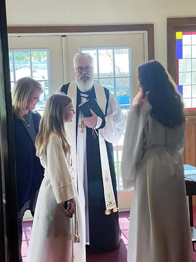 Diocesan Bishop Doyle chats with Blaize, Reese, and Staci after our Baptismal and Eucharistic service.